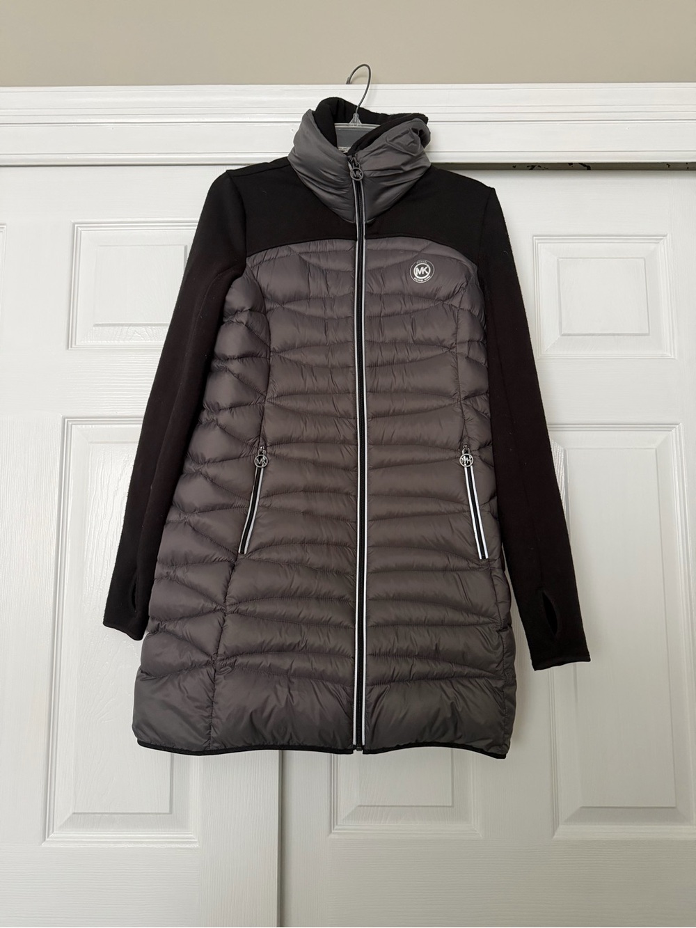 Michael Kors Black and Charcoal Quilted Long Puffer Coat